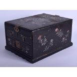 A 19TH CENTURY JAPANESE MEIJI PERIOD BLACK LACQUER BOX decorated with birds and foliage. 34 cm x 20