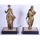 A LARGE PAIR OF 18TH/19TH CENTURY EUROPEAN BRONZE FIGURES modelled as standing females upon marble b