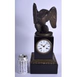 AN UNUSUAL 19TH CENTURY BRONZE AND BLACK MARBLE MANTEL CLOCK surmounted with a rearing American eagl