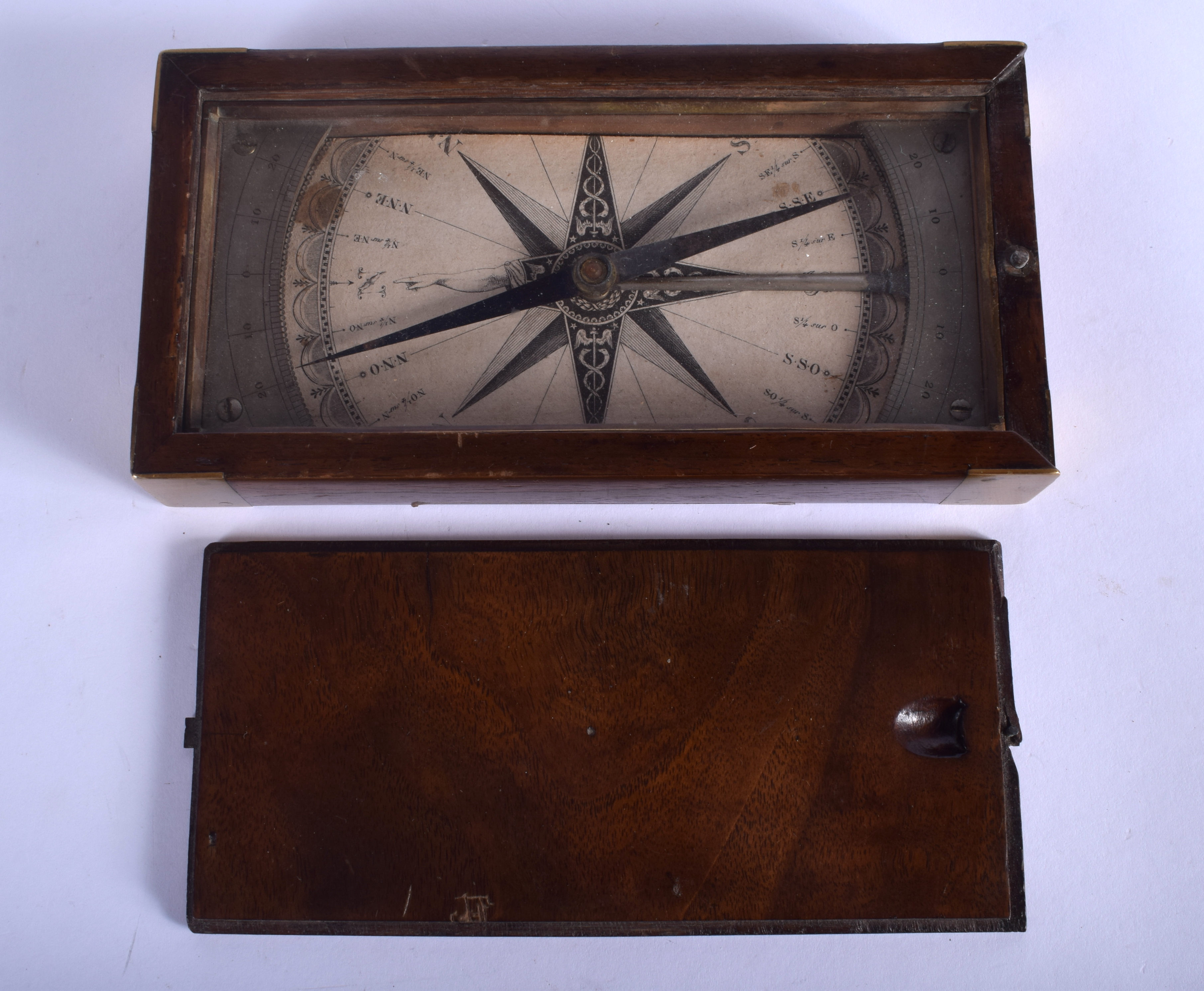 A VERY UNUSUAL 18TH CENTURY CONTINENTAL CASED TREEN SUNDIAL COMPASS with silvered mounts. 16 cm x 10