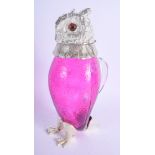 A CONTEMPORARY SILVER PLATED OWL CLARET JUG. 29 cm high.