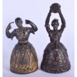 A RARE PAIR OF 19TH CENTURY EUROPEAN COLD PAINTED BRONZE BELLS modelled as Oriental figures. 12 cm x