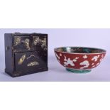 A 19TH CENTURY JAPANESE MEIJI PERIOD AO KUTANI BOWL together with a Meiji period miniature cupboard.