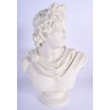 A 19TH CENTURY ENGLISH PARIAN WARE BUST OF APOLLO Art Union of London 1861. 33 cm x 17 cm.