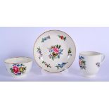 18th c. Caughley coffee cup, tea bowl and saucer painted with back to back roses