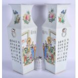 A LARGE PAIR OF CHINESE FAMILLE ROSE PORCELAIN SQUARE FORM VASES 20th Century, painted with calligra