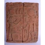 A 19TH CENTURY EGYPTIAN REVIVAL TERRACOTTA PANEL decorated with figures and hieroglyphics 36 cm x 25