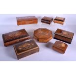 A GROUP OF EIGHT ITALIAN AND SWISS WALNUT MUSICAL BOXES some combined with jewellery boxes. Largest