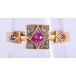 AN ANTIQUE 18CT GOLD RUBY AND DIAMOND RING. 3 grams. N/O.