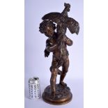 A LARGE 19TH CENTURY FRENCH BRONZE FIGURE OF A STANDING BOY modelled wrestling with a raging cock. 4