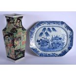 A LARGE CHINESE FAMILLE NOIRE SQUARE FORM VASE 20th Century, together with a large platter. Vase 44