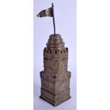 A VERY RARE 19TH CENTURY RUSSIAN SILVER CASTLE TURRET TOWER surmounted with a flag. 197 grams. 23 cm