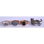 THREE ANTIQUE 9CT GOLD RINGS and a brooch. Gold 8 grams. (4)