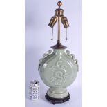 A 19TH CENTURY CHINESE TWIN HANDLED CELADON MOON FLASK Late Qing, converted to a lamp. Vase 30 cm x