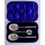 A CASED SET OF 19TH CENTURY SILVER SERVING SPOONS. Sheffield 1892. 187 grams. (3)