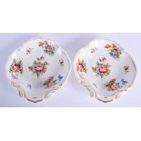 A PAIR OF EARLY 19TH CENTURY DERBY PORCELAIN TREFOIL DISHES painted with flowers. 21 cm x 24 cm.