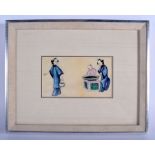 A 19TH CENTURY CHINESE PITH PAPER WATERCOLOUR Qing, depicting three figures. Image 17 cm x 10 cm.