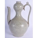 A KOREAN INCISED CELADON GLAZED EWER probably Colonial Period, Goryeo Dynasty style, decorated with