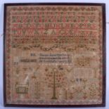 AN ANTIQUE ENGLISH EMBROIDERED SAMPLER decorated with buildings and trees. Image 42 cm x 38 cm.