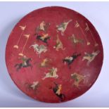 AN EARLY 20TH CENTURY PERSIAN INDIAN LACQUERED WOOD BOWL painted with polo players. 30 cm diameter.