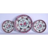 A LARGE 18TH CENTURY CHINESE EXPORT FAMILLE ROSE CHARGER together with two similar dishes. Largest 3