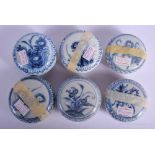 SIX CHINESE CA MAU CARGO PORCELAIN COSMETIC BOXES AND COVERS painted with flowers. 6.5 cm diameter.