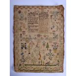 TWO EARLY 19TH CENTURY ENGLISH EMBROIDERED SAMPLERS decorated with figures and poems. 42 cm x 32 cm.