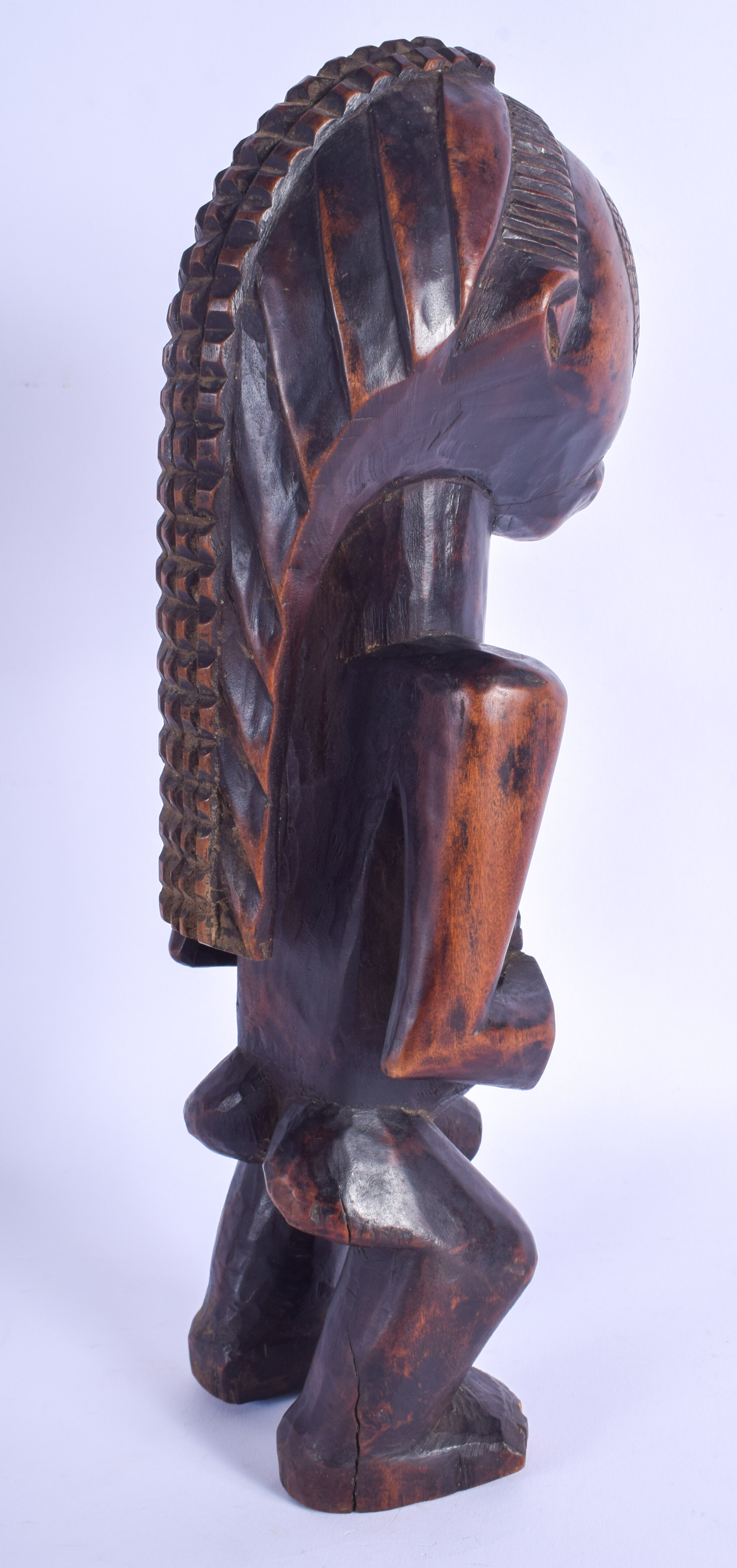 AN UNUSUAL AFRICAN TRIBAL CARVED WOOD LUBA FIGURE modelled with braided hair. 33 cm high. - Image 2 of 4
