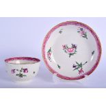 18th c. Caughley tea bowl and saucer painted roses scattered flowers and a pink scale boarder