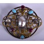 AN UNUSUAL 19TH CENTURY CONTINENTAL PEARL RUBY AND TURQUOISE BROOCH. 9.7 grams. 4 cm wide.