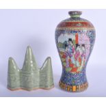 A CHINESE FAMILLE ROSE PORCELAIN VASE 20th Century, together with a celadon brush rest. Largest 24 c