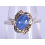 A WHITE GOLD BLUE GEM SET RING. 2.8 grams. N.