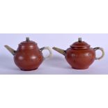 TWO CHINESE YIXING POTTERY JADE AND PEWTER TEAPOTS AND COVERS 20th Century. 14 cm wide. (2)