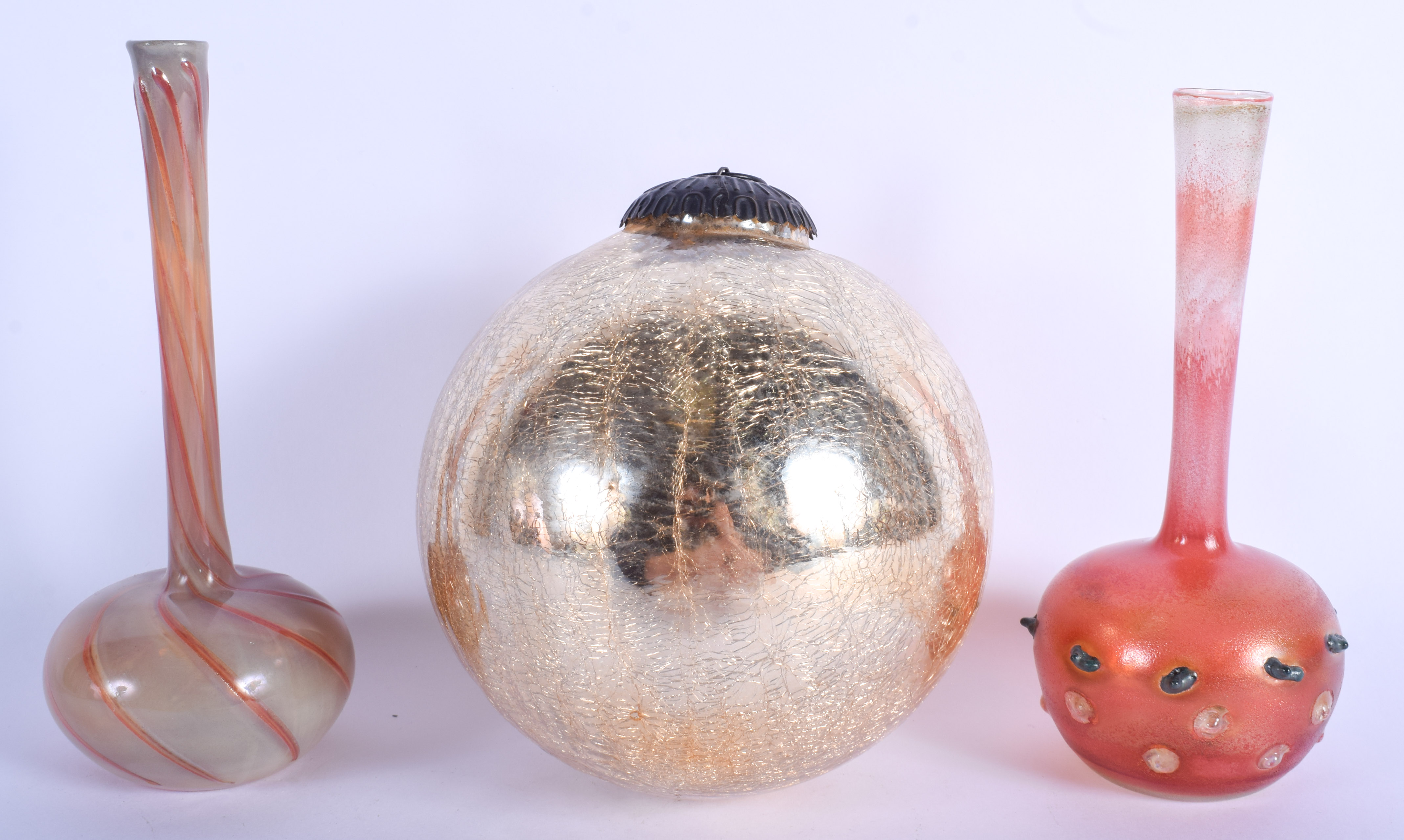 A VINTAGE COPPER MOUNTED GLASS CHRISTMAS BAUBLE together with a pair of vases. Largest 21 cm high. ( - Image 2 of 2