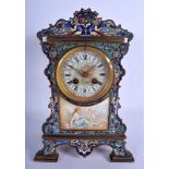 A GOOD 19TH CENTURY FRENCH BRONZE AND CHAMPLEVÉ ENAMEL MANTEL CLOCK painted with a female within a l