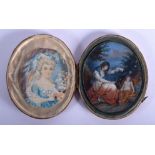 TWO 19TH CENTURY CONTINENTAL PAINTED IVORY MINIATURES one in a fitted leather case. Largest 6 cm x 5