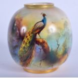 A ROYAL WORCESTER PEACOCK BULBOUS VASE by Watkins. 8 cm x 5.5 cm.