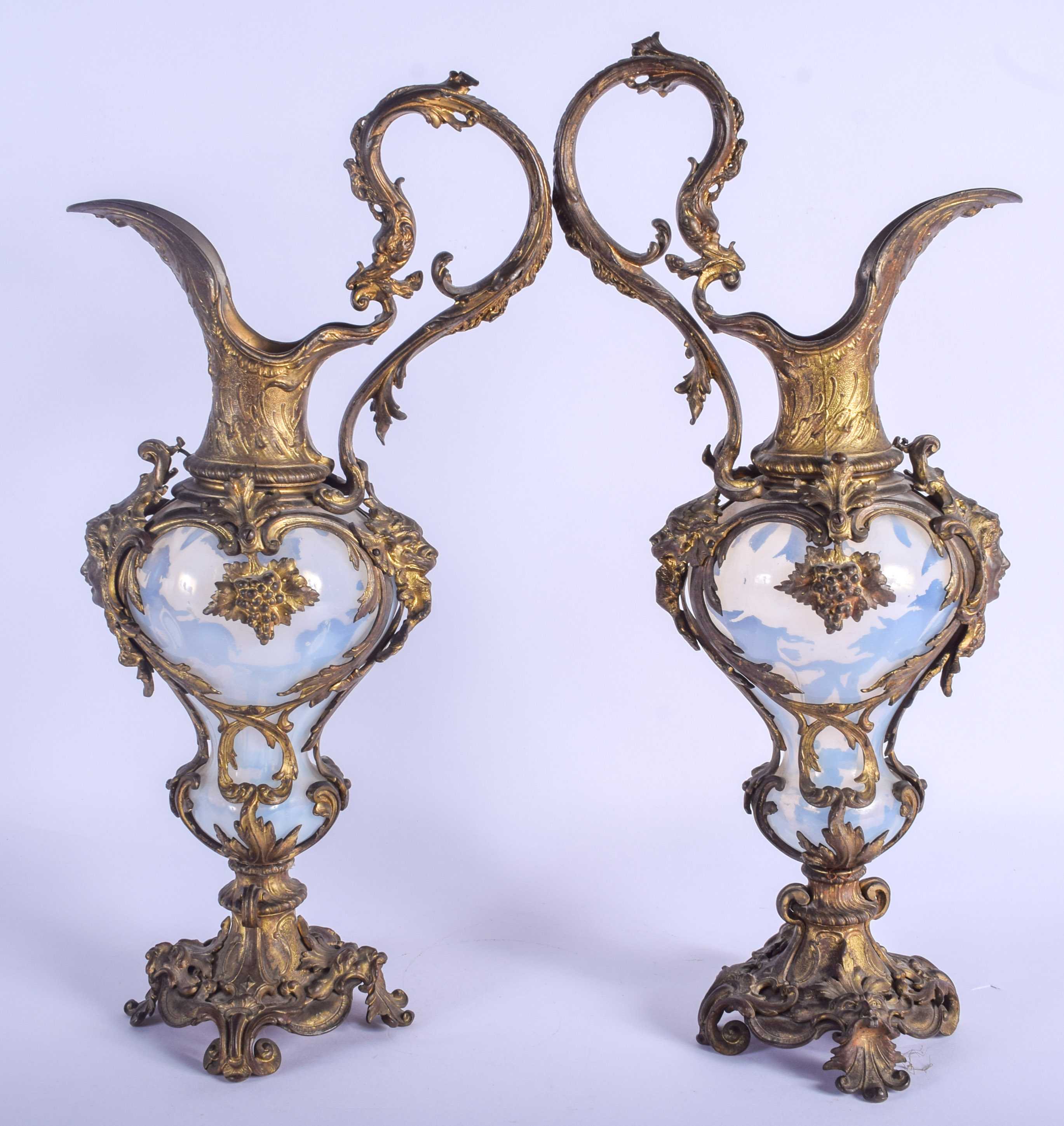 A LARGE PAIR OF 19TH CENTURY VASELINE GLASS EWERS mounted in French bronze. 47 cm x 16 cm. - Image 2 of 4