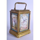 A FINE 19TH CENTURY FRENCH SEVRES PORCELAIN REPEATING CARRIAGE CLOCK painted with classical scenes.