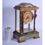 A 19TH CENTURY FRENCH CHAMPLEVÉ ENAMEL AND ONYX MANTEL CLOCK with figural caryatid mounts, decorated