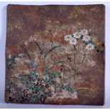 AN UNUSUAL LARGE JAPANESE STUDIO POTTERY STONEWARE TILE painted with flowers. 33 cm x 36 cm.