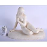 A 19TH CENTURY ENGLISH CARVED ALABASTER FIGURE OF EVE modelled at the fountain, after Edward Hodges