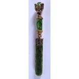A BOXED CONTINENTAL SILVER GILT AND ENAMEL NEPHRITE JADE ELEPHANT PAPER KNIFE. 156 grams. 23 cm long