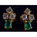A PAIR OF GOLD DIAMOND AND EMERALD EARRINGS. 2.5 grams. 1 cm long.