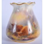 A ROYAL WORCESTER CRIMPED HIGHLAND COW VASE by Stinton. 8 cm x 6.5 cm.