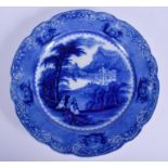 A RARE ANTIQUE STAFFORDSHIRE BURSLEM FLOW BLUE JENNY LIND PLATE printed with hunting scenes. 32 cm d