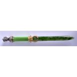 A CONTINENTAL SILVER ENAMEL AND NEPHRITE JADE PAPER KNIFE with elephant terminal. 138 grams. 24 cm l