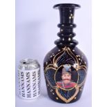 A VINTAGE MIDDLE EASTERN GLASS HOOKAH PIPE BASE decorated with portraits of royalty, painted with fl