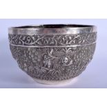 A 19TH CENTURY INDIAN SILVER REPOUSSE BOWL decorated with a hunting scene amongst a forest. 460 gram