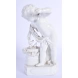 A 19TH CENTURY MEISSEN BLANC DE CHINE FIGURE OF A PUTTI modelled beside a rams head mask. 14 cm high